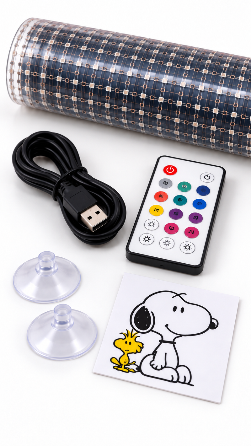 Close-up of Snoopy Lights remote, USB cable, suction cups and LED panel