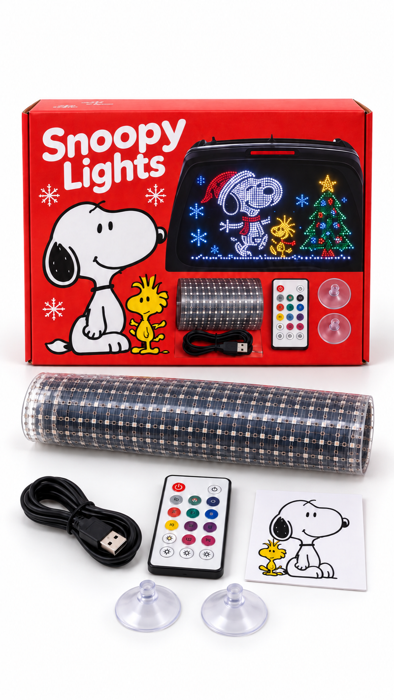 Snoopy Lights red retail box with flexible LED panel, USB cable, remote and suction cups