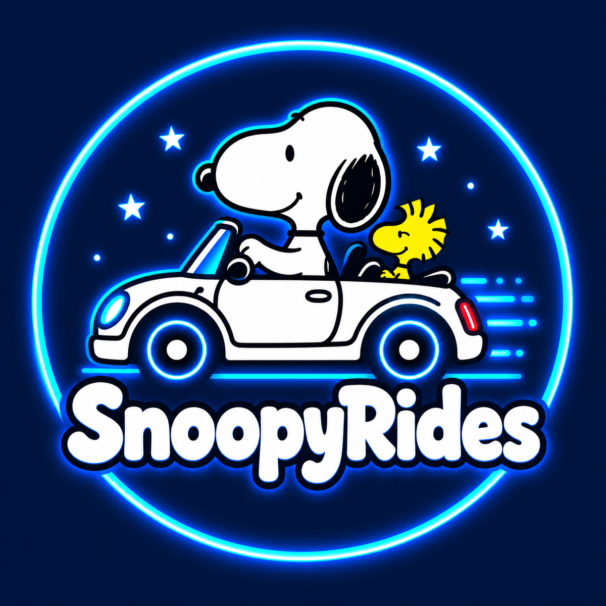 SnoopyRides logo with Snoopy and Woodstock in a white car and blue neon ring